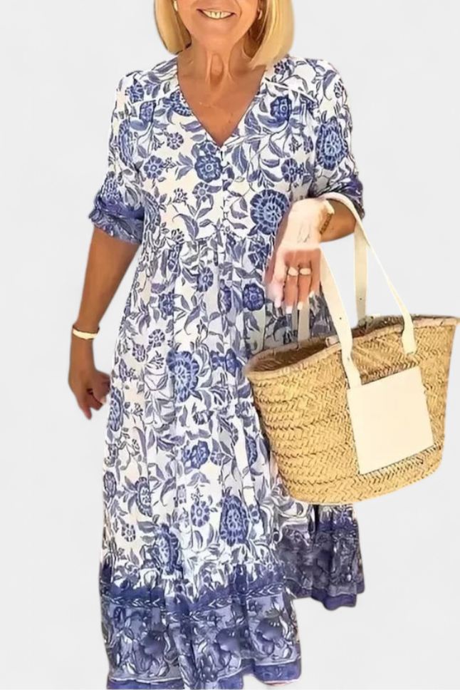 Elcira Vestido Bohemio Floral con Escote en V y Volantes