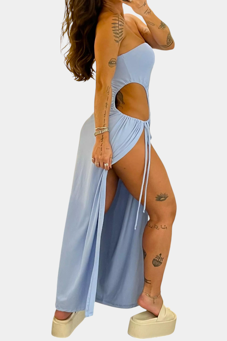 Teuta Vestido Sin Tirantes con Lazo Lateral y Abertura Alta