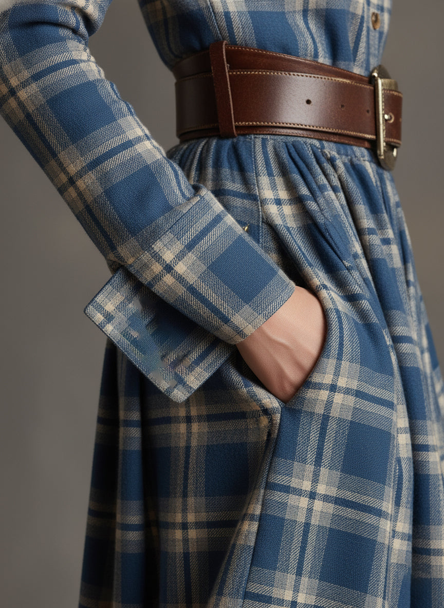 Lapele Vestido Largo de Cuadros con Cinturón