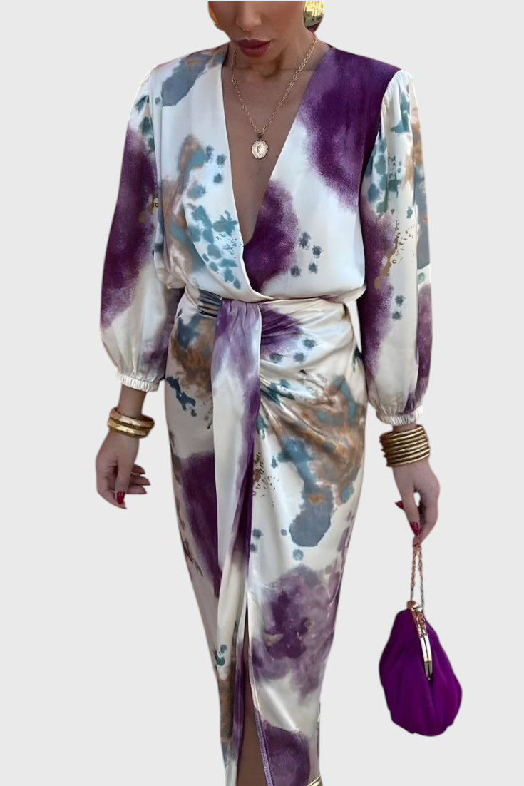 Elara Vestido Maxi con Escote en V Anudado y Estampado Sofisticado