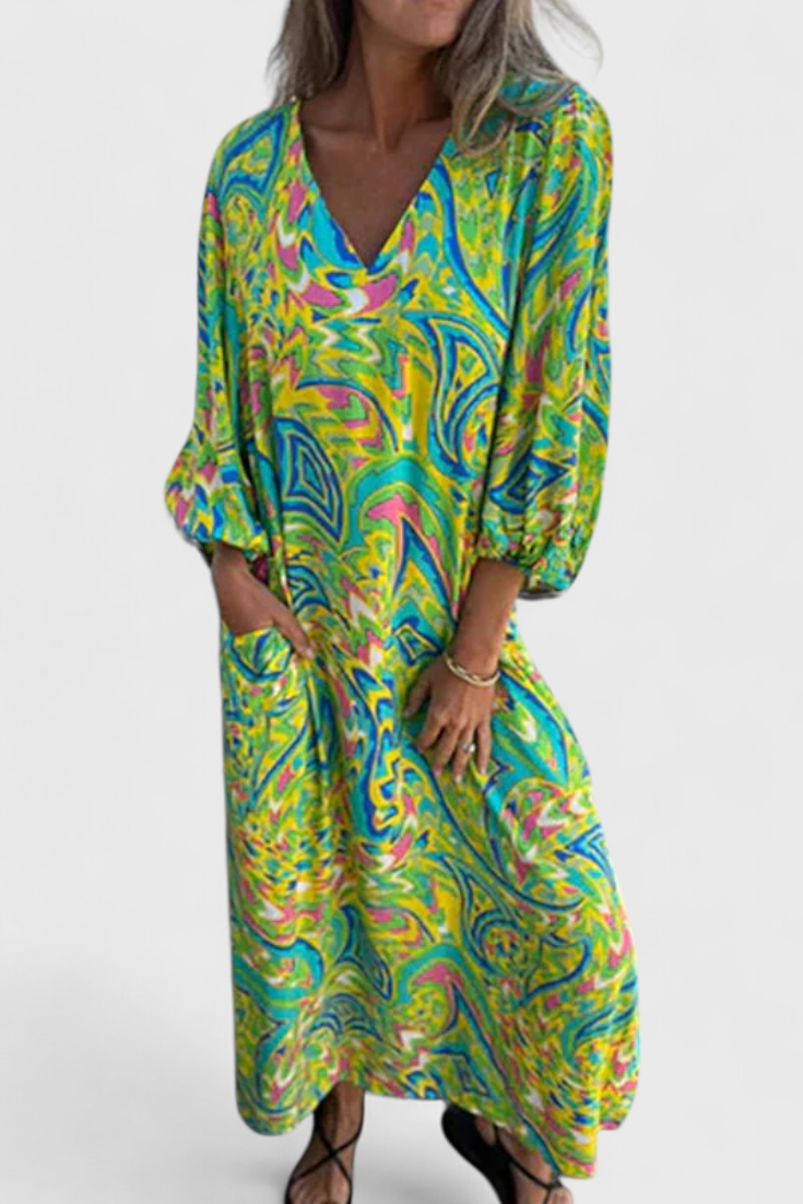 Carmina Vestido Maxi Bohemio con Escote en V y Estampado Abstracto