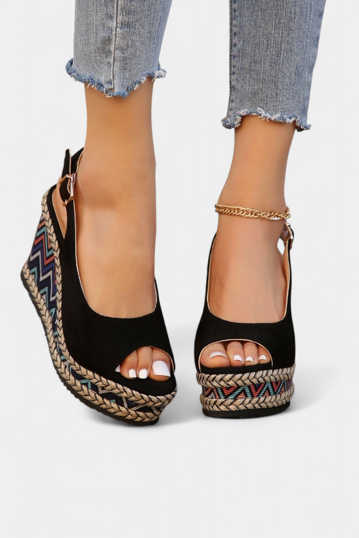 Dionisia Sandalias de Cuña con Tejido Étnico y Correas de Ante