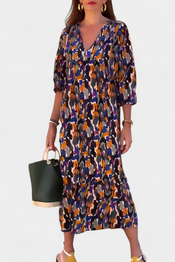 Teodora Vestido Retro con Escote en V y Mangas Abullonadas