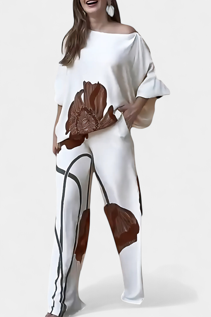 Sybella Conjunto Floral de Dos Piezas con Hombro Descubierto y Pantalón Recto