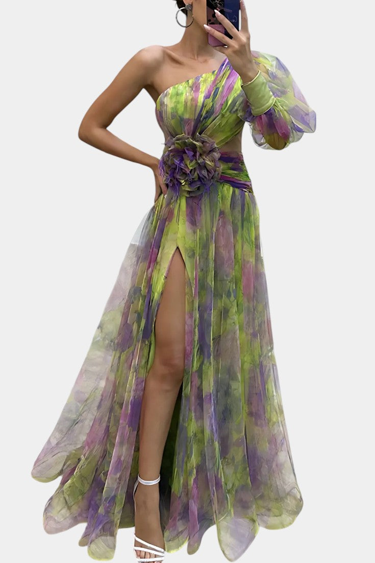 Amelie Vestido Maxi Asimétrico de Un Hombro con Estampado Artístico