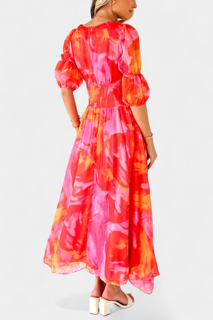 Essja Vestido Maxi de Manga Abullonada con Escote en V