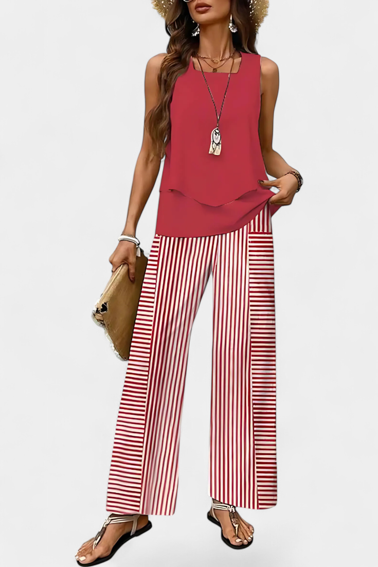 Martina Conjunto Boho Elegante Sin Mangas con Pantalón Recto Estampado