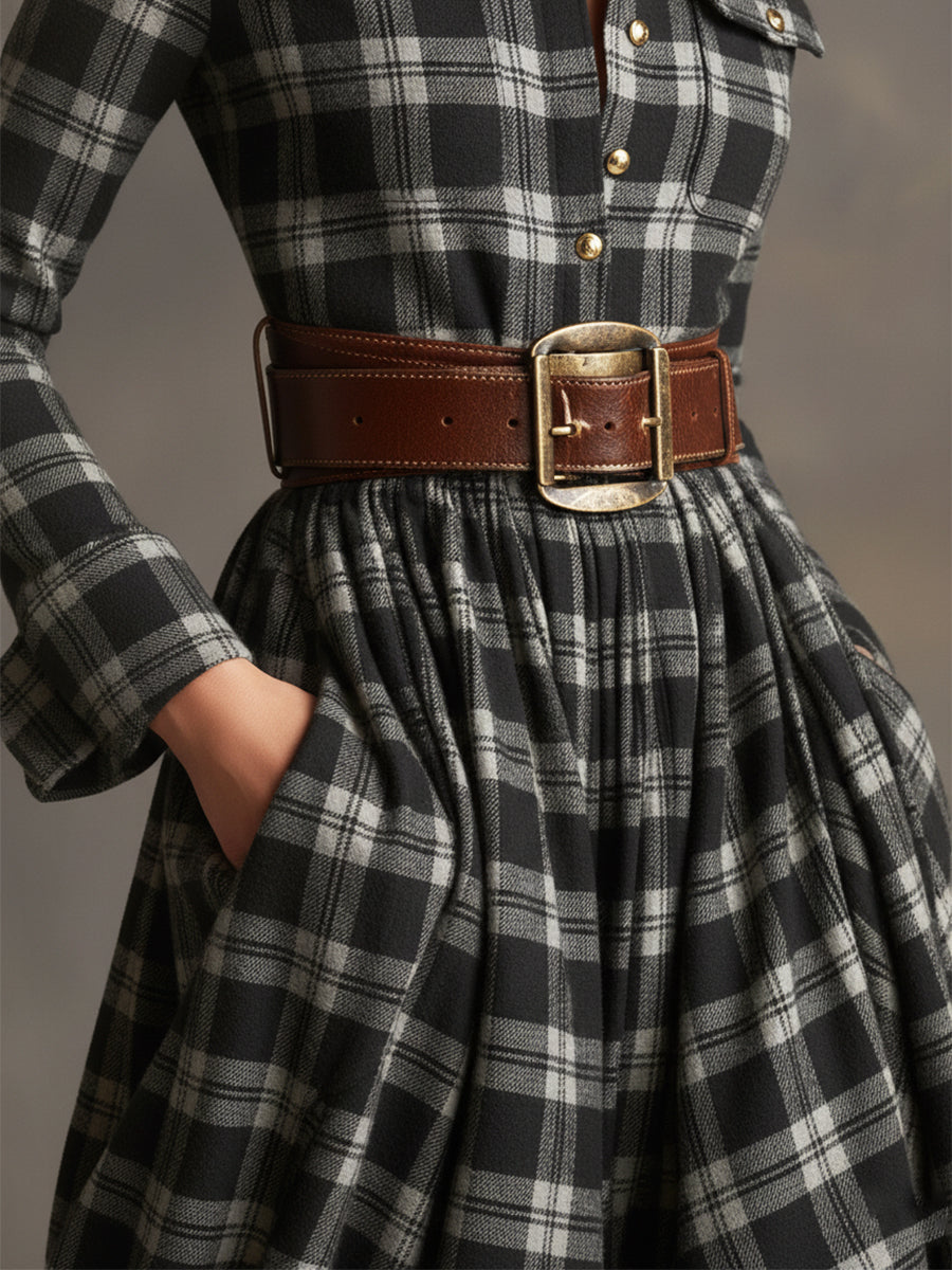 Lapele Vestido Largo de Cuadros con Cinturón