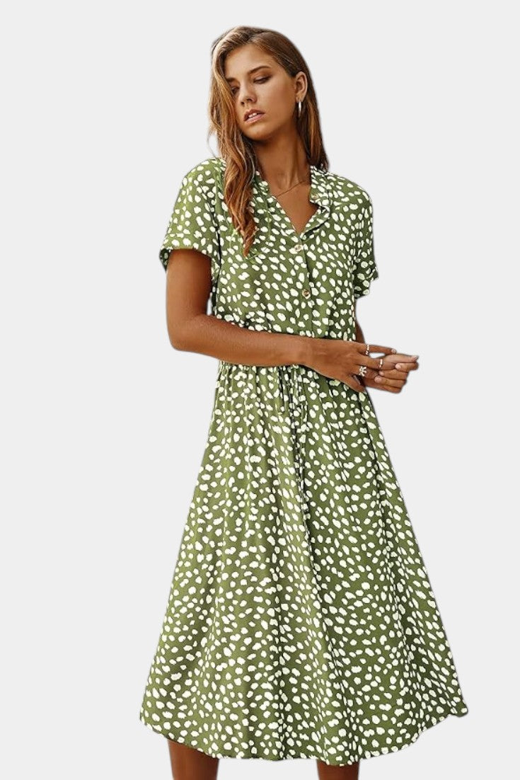 Rovena Vestido Midi de Lunares con Cuello Camisero y Cintura Ajustable