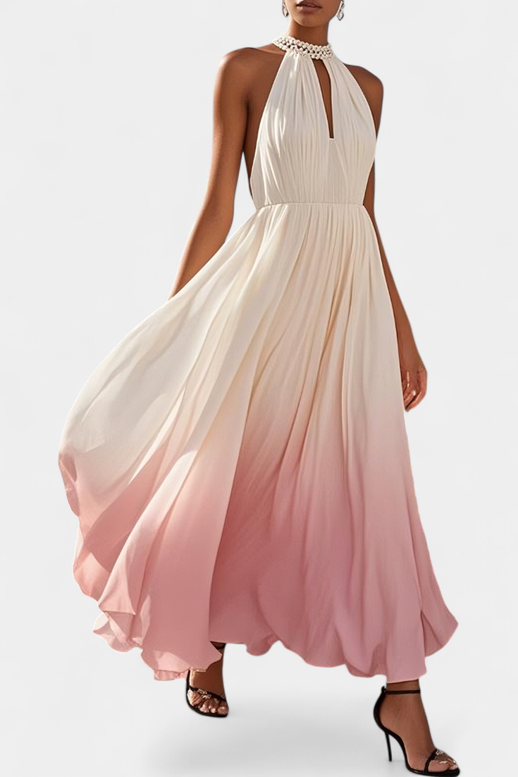 Starla Vestido Maxi Halter Plisado con Detalles de Perlas