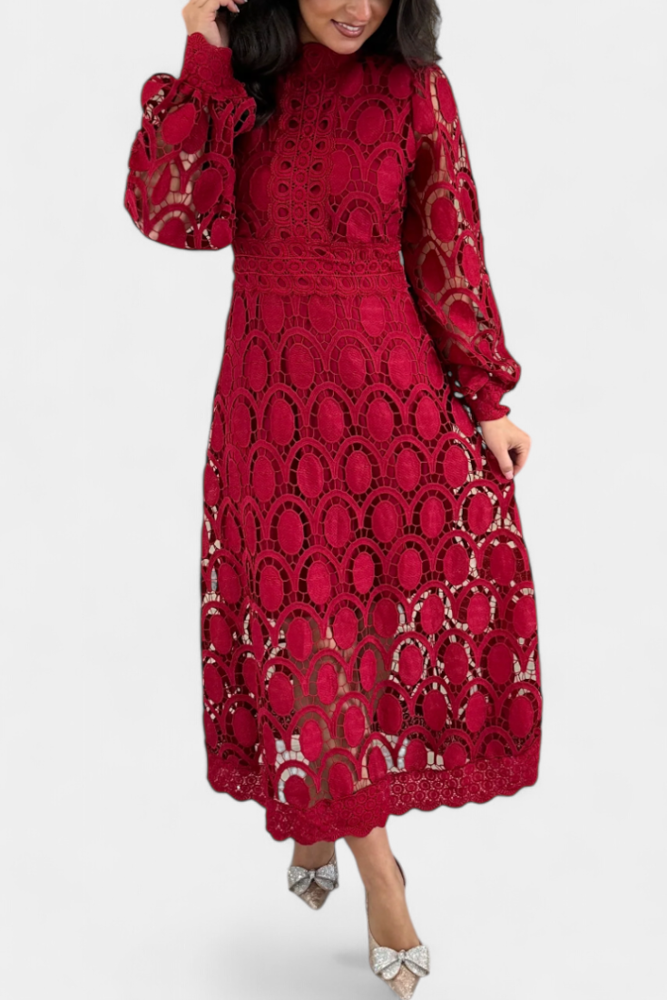 Jovie Vestido Midi de Encaje Bordado con Cuello Alto