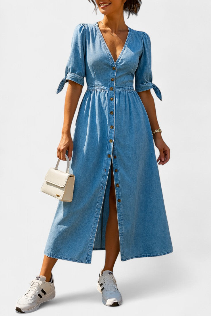 Adelina Vestido Midi de Denim con Botones y Escote en V