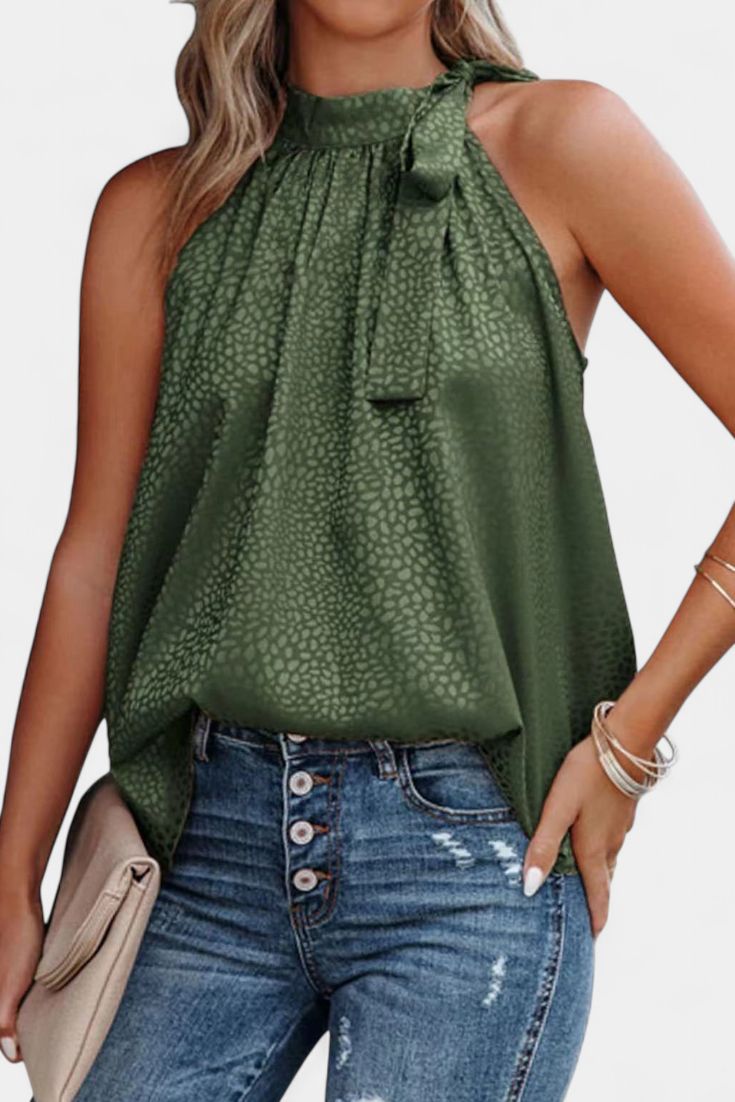 Adela Top sin Mangas de Leopardo con Cuello Alto y Lazo
