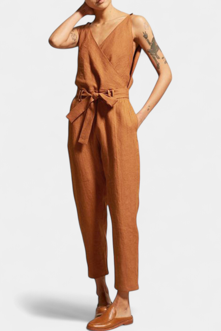 Maggie Mono Sin Mangas con Escote en V y Cintura Cruzada en Algodón