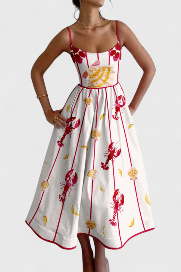 Maricela Vestido Vintage con Tirantes y Estampado de Sardinas