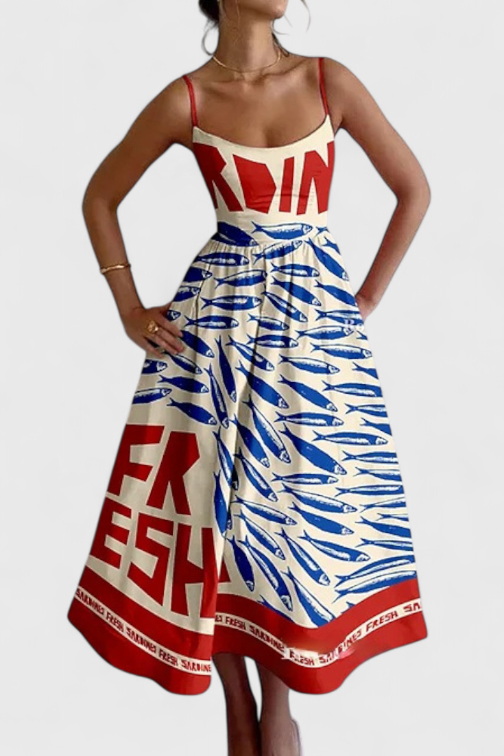 Maricela Vestido Vintage con Tirantes y Estampado de Sardinas