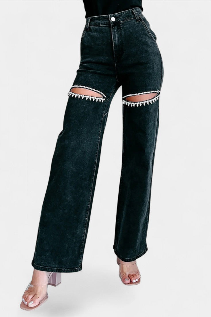 Evian Jeans Ripped Straight-Leg con Rhinestones