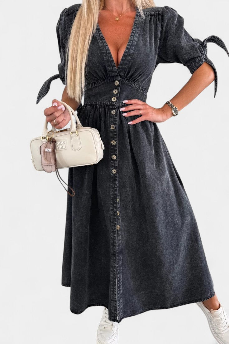 Adelina Vestido Midi de Denim con Botones y Escote en V