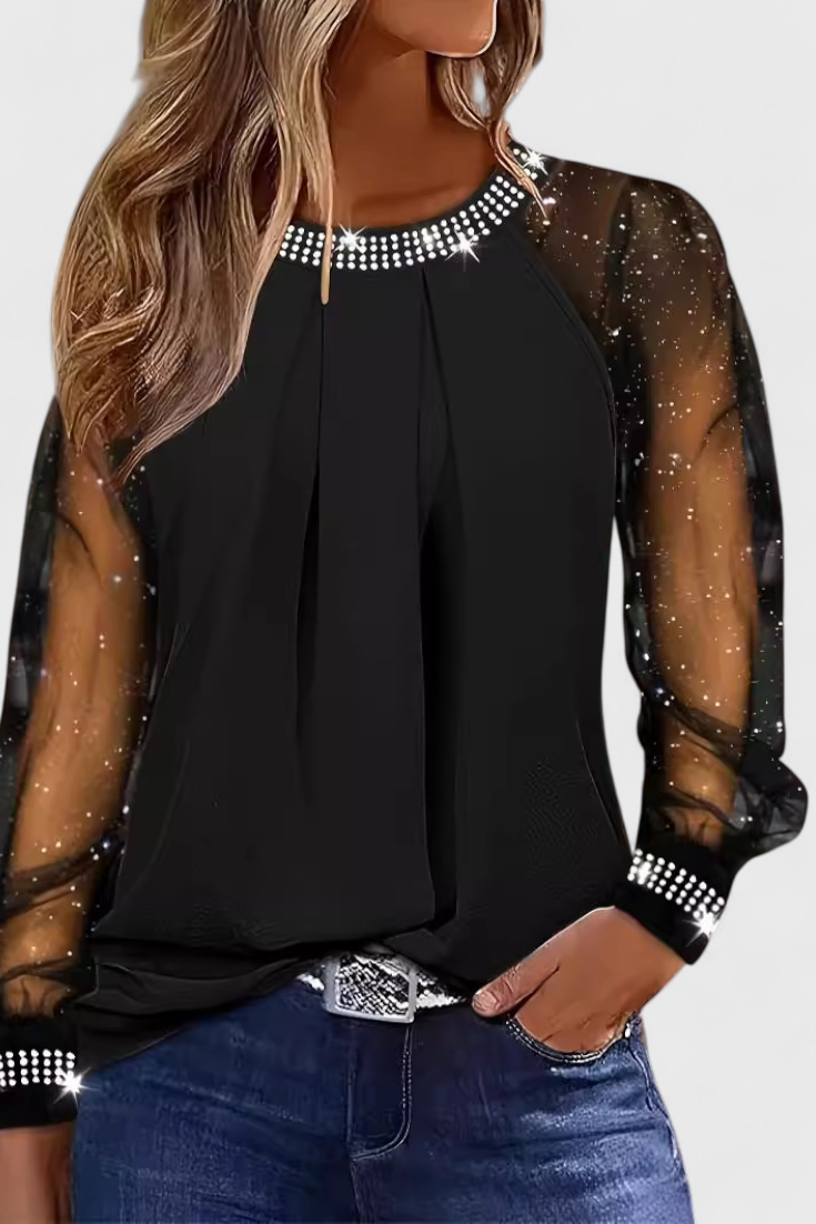 Flor Blusa Elegante con Mangas de Tul y Acentos de Strass
