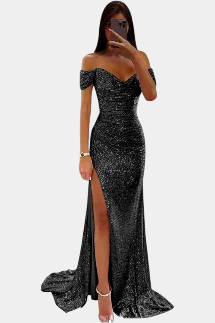 Ariel Vestido de Sirena con Lentejuelas Off-Shoulder