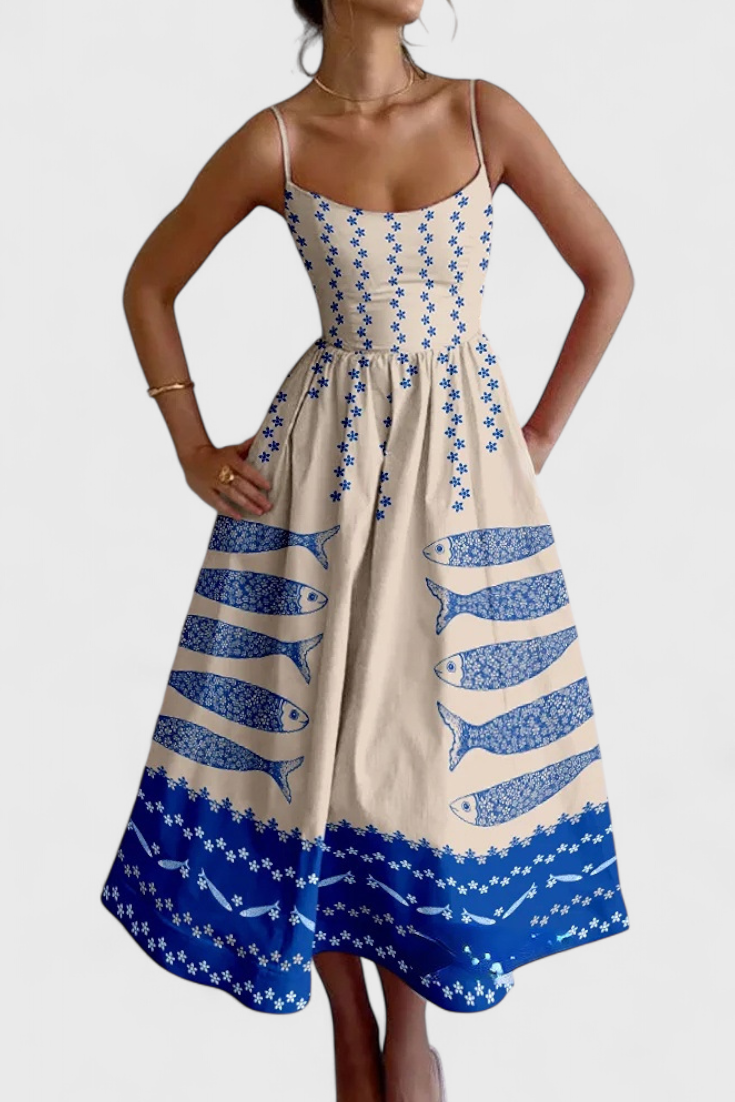 Maricela Vestido Vintage con Tirantes y Estampado de Sardinas