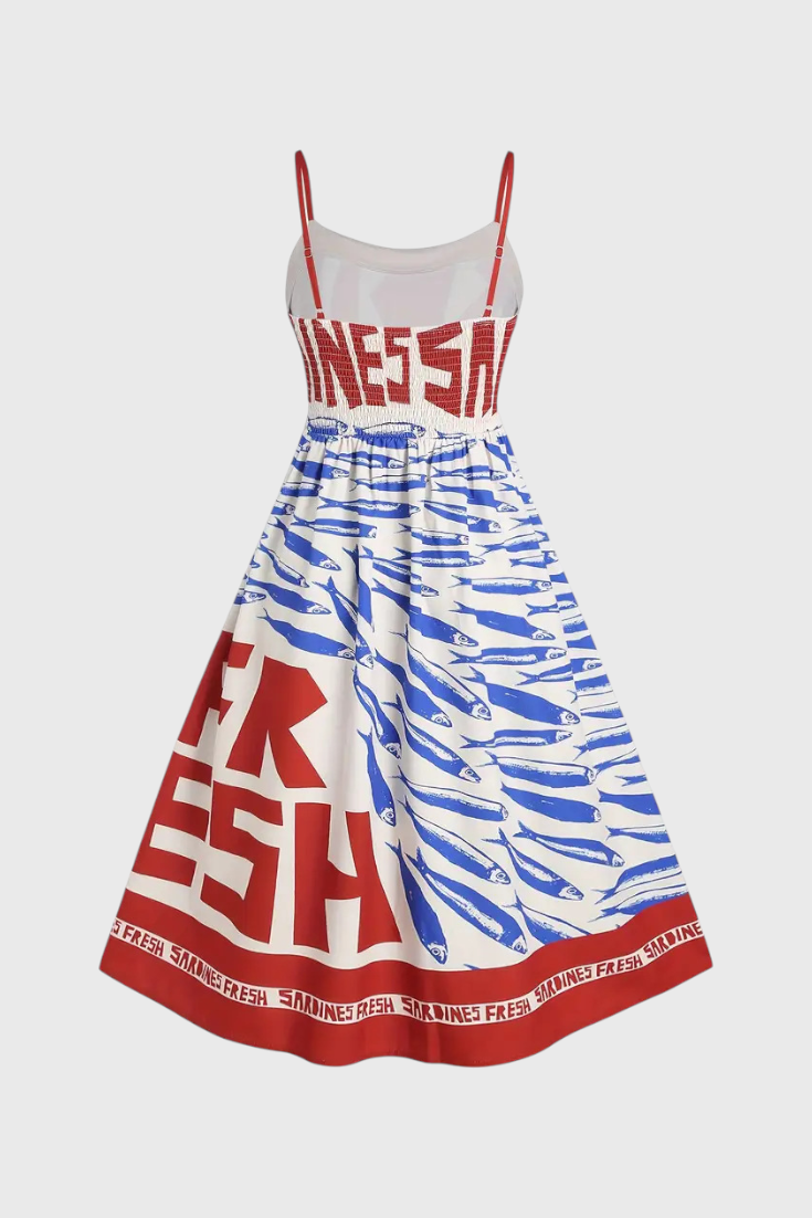 Maricela Vestido Vintage con Tirantes y Estampado de Sardinas