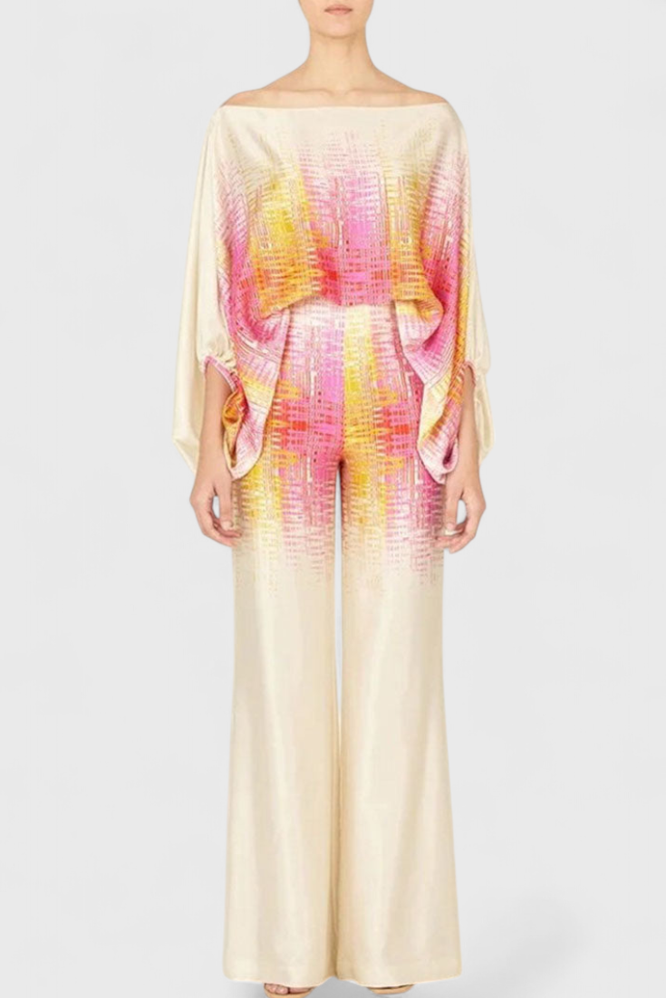 Sybella Conjunto de Dos Piezas con Hombros Descubiertos y Pantalones Amplios Estampados