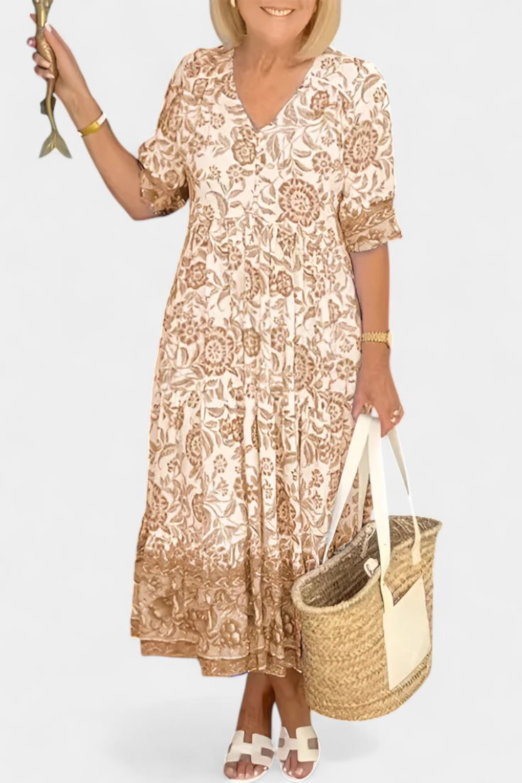 Elcira Vestido Bohemio Floral con Escote en V y Volantes