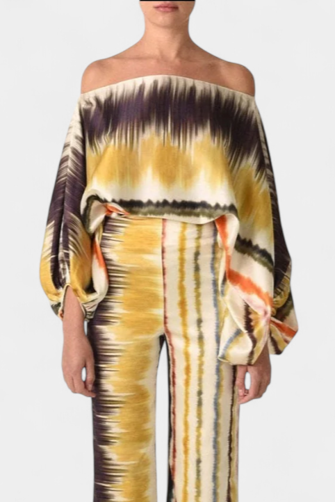 Sybella Conjunto de Dos Piezas con Hombros Descubiertos y Pantalones Amplios Estampados