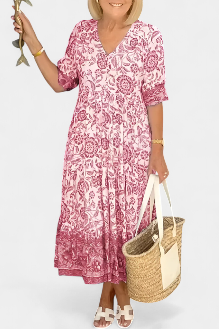 Elcira Vestido Bohemio Floral con Escote en V y Volantes