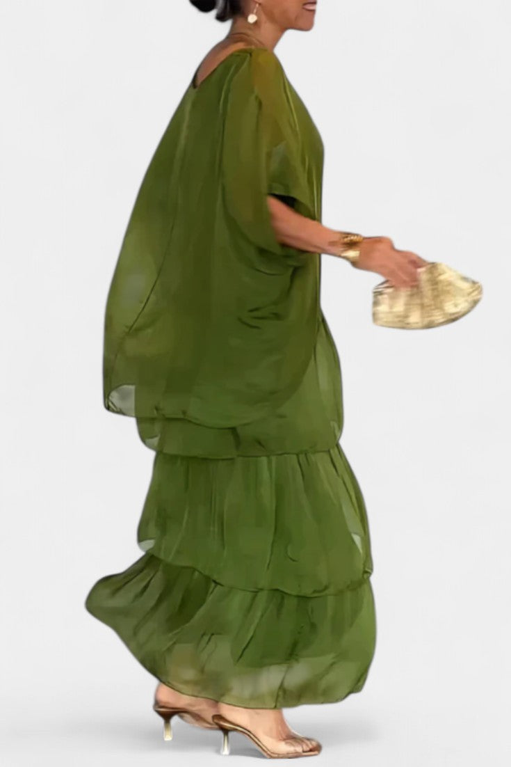 Caroline Vestido Maxi con Volantes y Mangas Murciélago