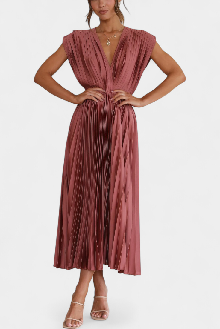 Mireia Vestido de Pliegues con Escote Drapeado y Cintura Alta