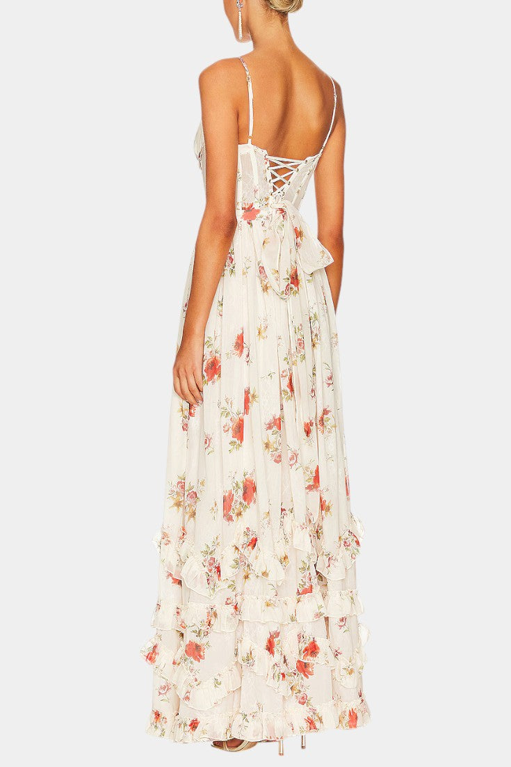 Luna Vestido Maxi con Corsé Floral y Silueta Sofisticada