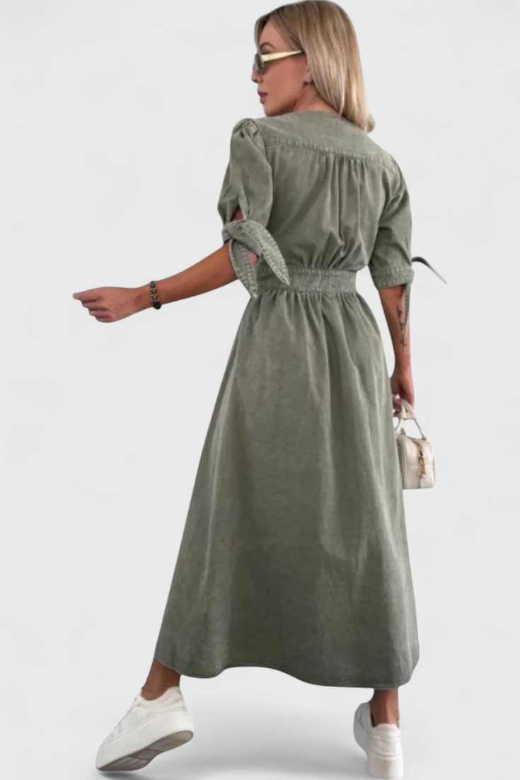 Adelina Vestido Midi de Denim con Botones y Escote en V