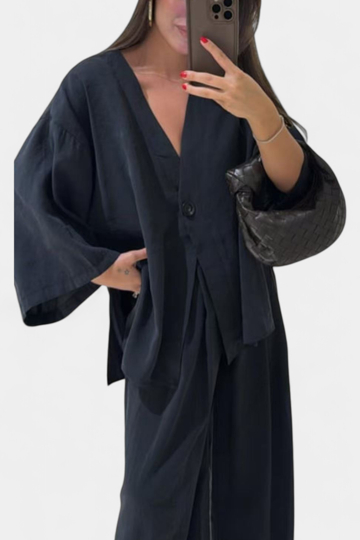 Eli Conjunto Oversize de Top con Cuello en V y Pantalón Recto