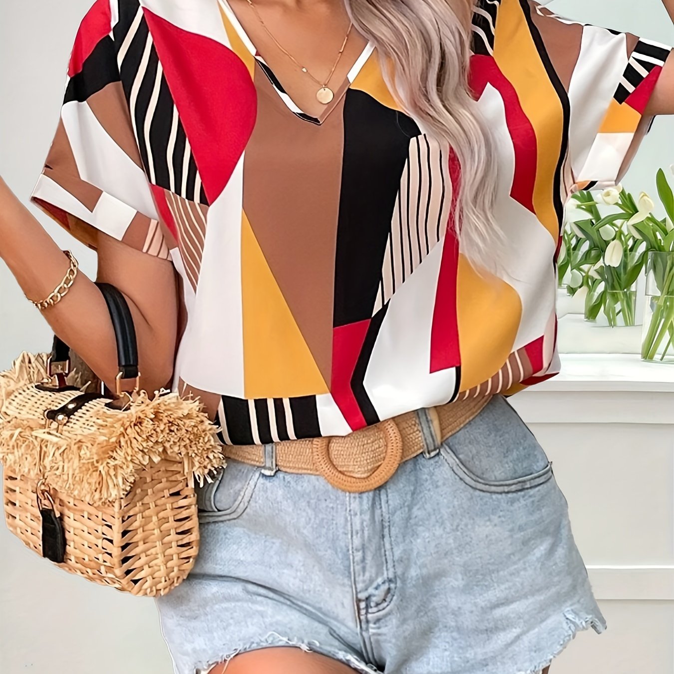 Blusa elegante con estampado cachemir y cuello en V