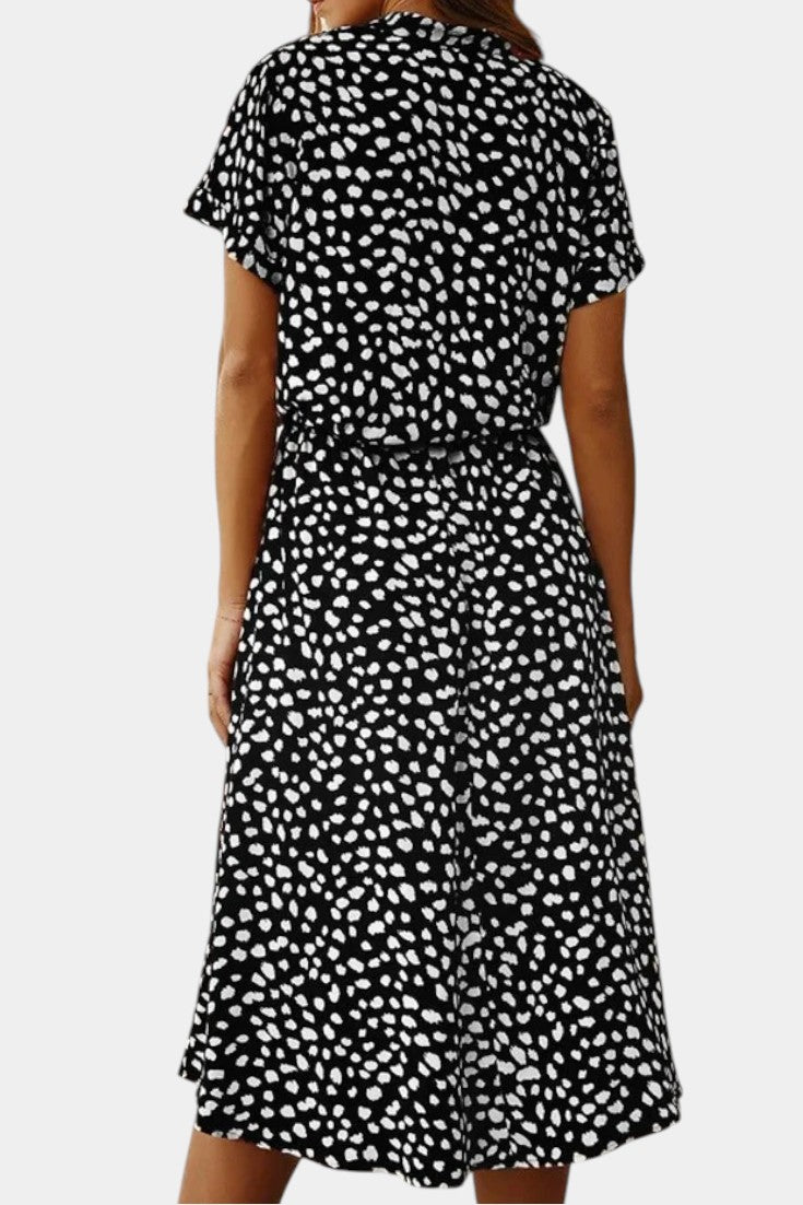 Rovena Vestido Midi de Lunares con Cuello Camisero y Cintura Ajustable