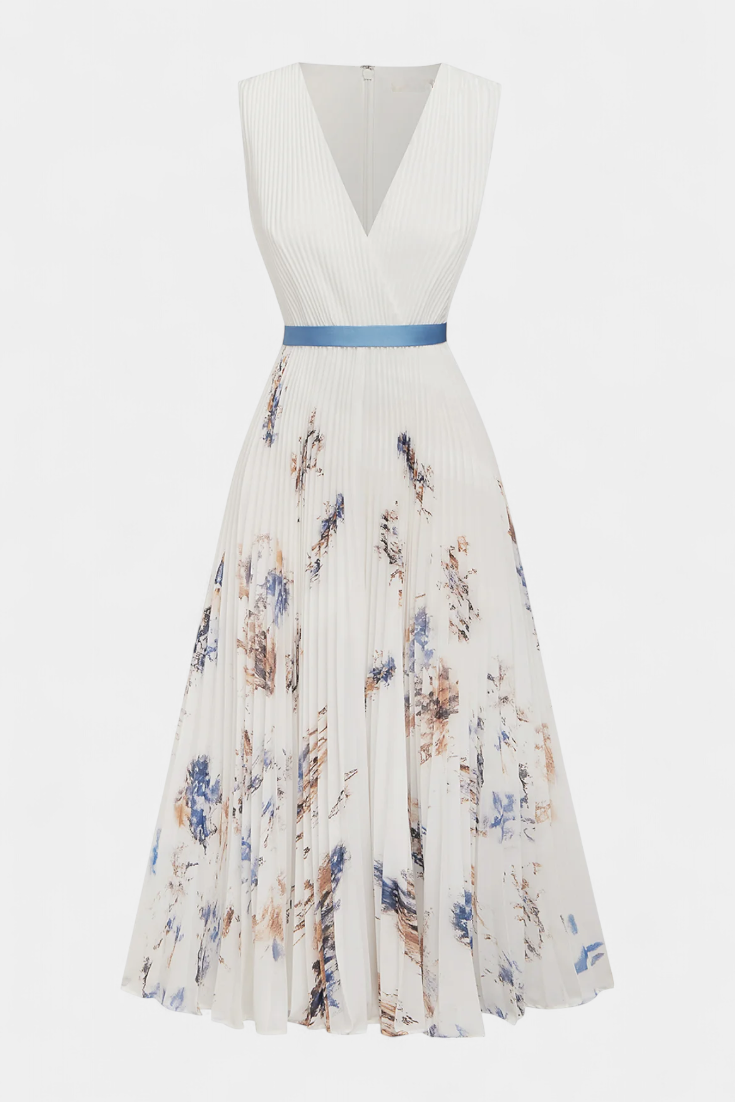 Elise Vestido Midi Sin Mangas con Estampado Floral y Plisado