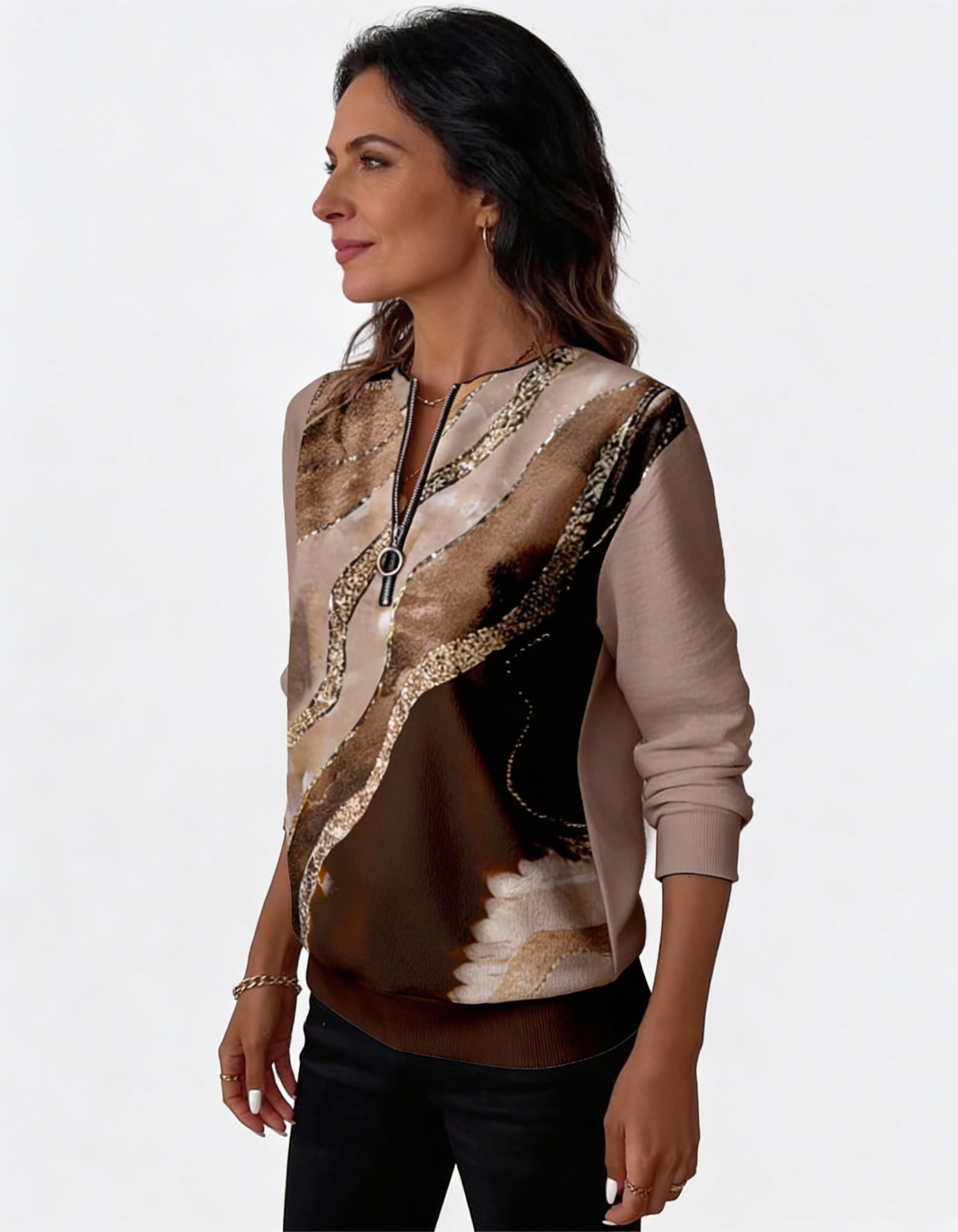 Valeria Brisa™ – Sudadera con Cremallera Cuarto y Estampado Abstracto