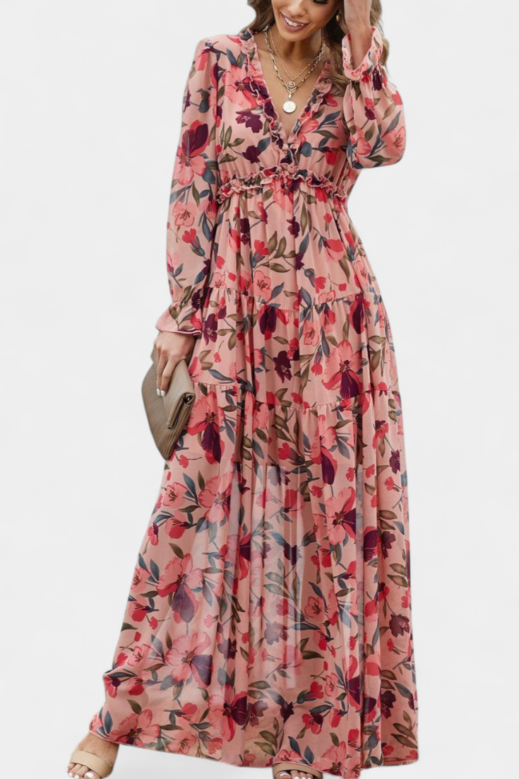 Keti Vestido Maxi Floral con Mangas Largas y Volantes Delicados