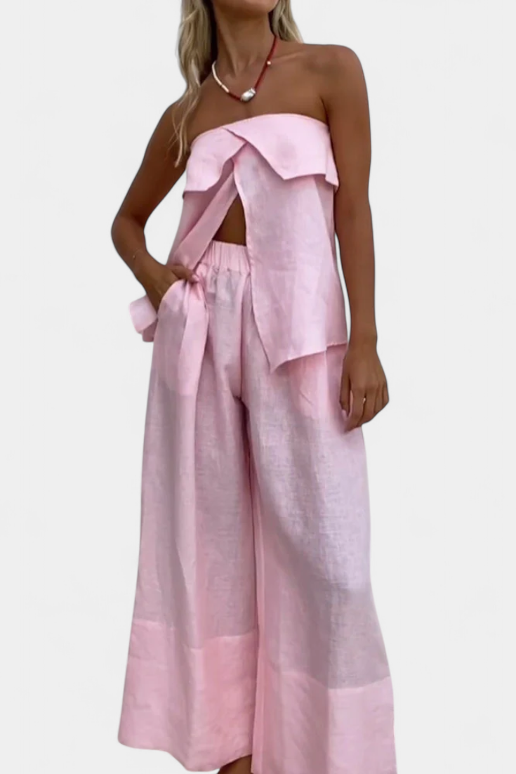 Oriana Conjunto Strapless con Falda de Abertura en Color Liso