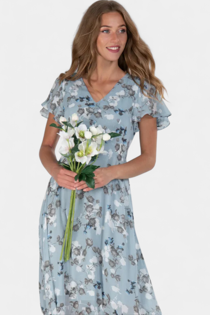 Amara Vestido Maxi Floral con Escote en V y Mangas Aladas