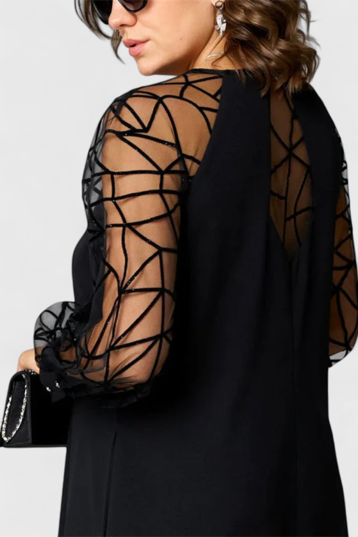 Bellezza Vestido Negro con Mangas de Malla y Corte Holgado