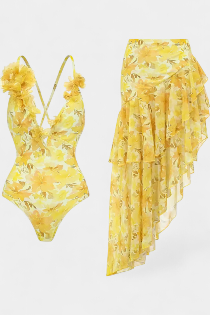 Ahria Bañador Entero Floral con Lirios Amarillos y Vestido a Juego