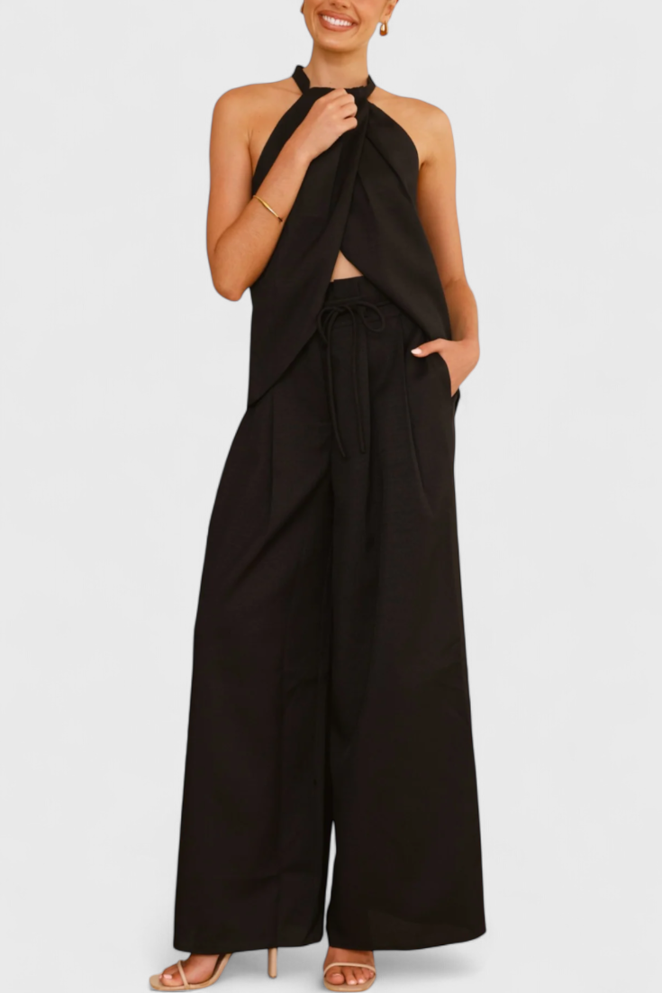 Bernadina Conjunto de Lino con Top de Abertura Frontal y Pantalón de Pierna Ancha