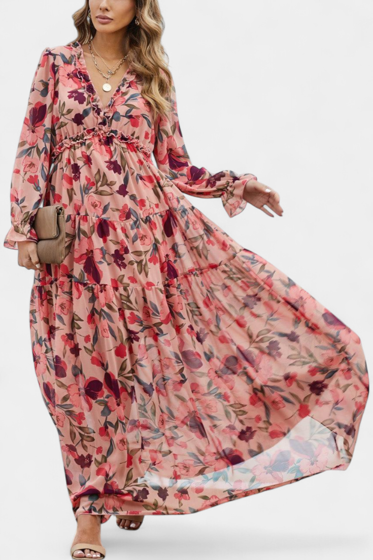 Keti Vestido Maxi Floral con Mangas Largas y Volantes Delicados