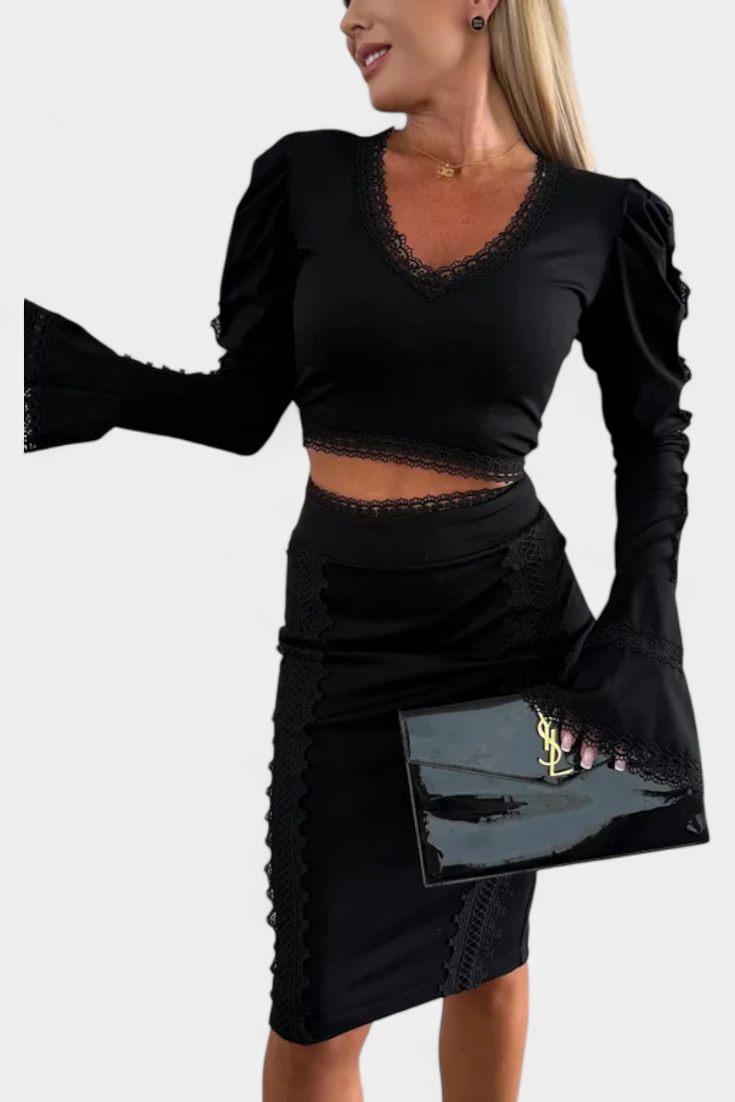 Minerva Conjunto Elegante de Top con Encaje y Falda de Cintura Alta