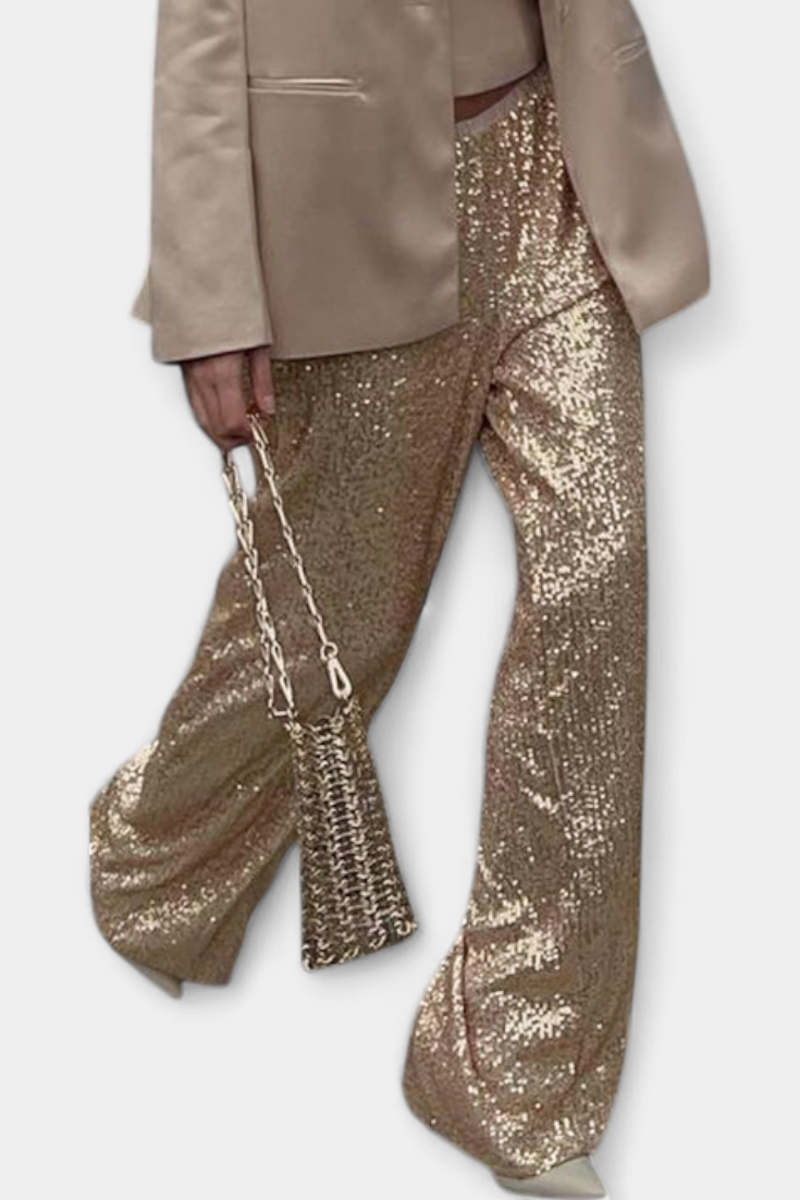 Elva Pantalones de Lentejuelas de Cintura Alta y Corte Holgado