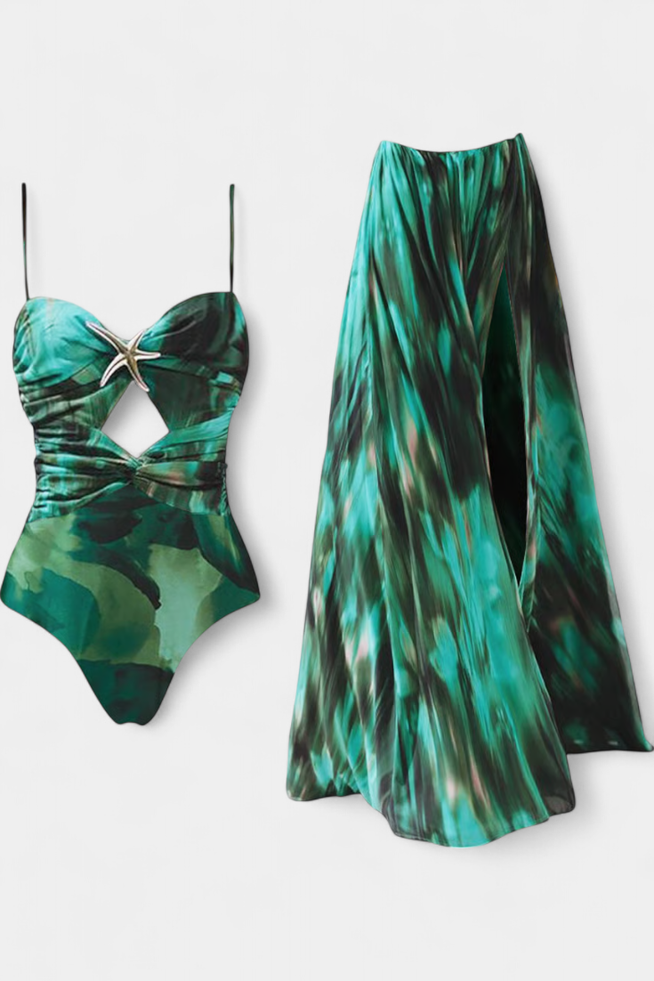 Ahria Conjunto de Baño con Falda Acampanada y Estampado Estrella de Mar