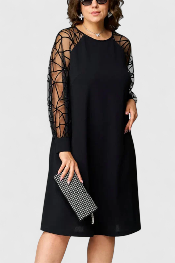 Bellezza Vestido Negro con Mangas de Malla y Corte Holgado